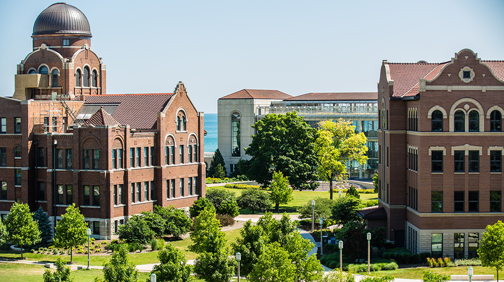 High up photo of the Loyola University Chicago Lakeshore Campus facing towards the lake.